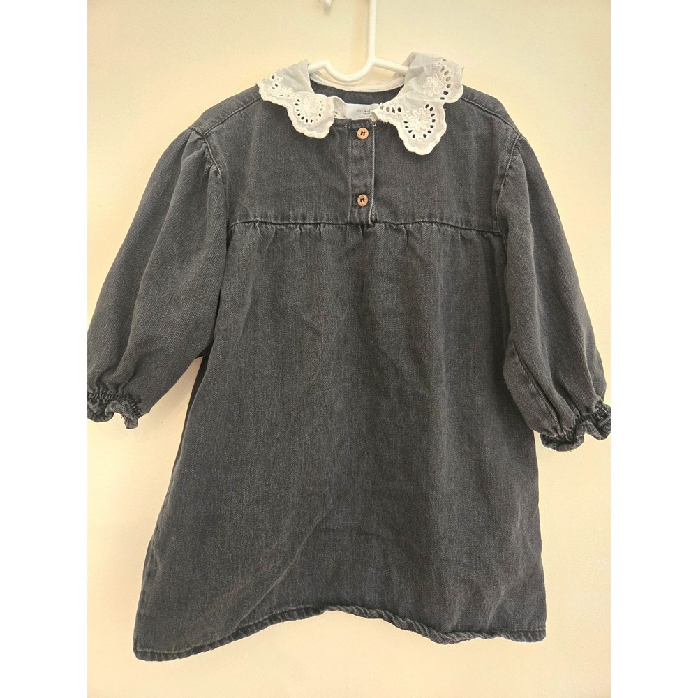 Zara Kids Girls Black Denim Dress Eyelet Lace Collar Long Sleeve Size 4-5Y 110cm